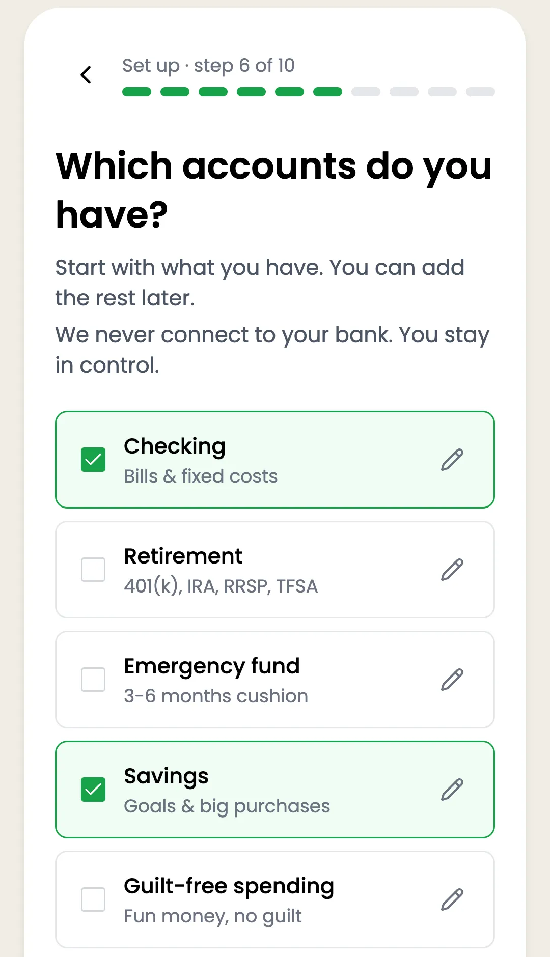 The Wealthsplitter setup wizard asking which accounts you have.